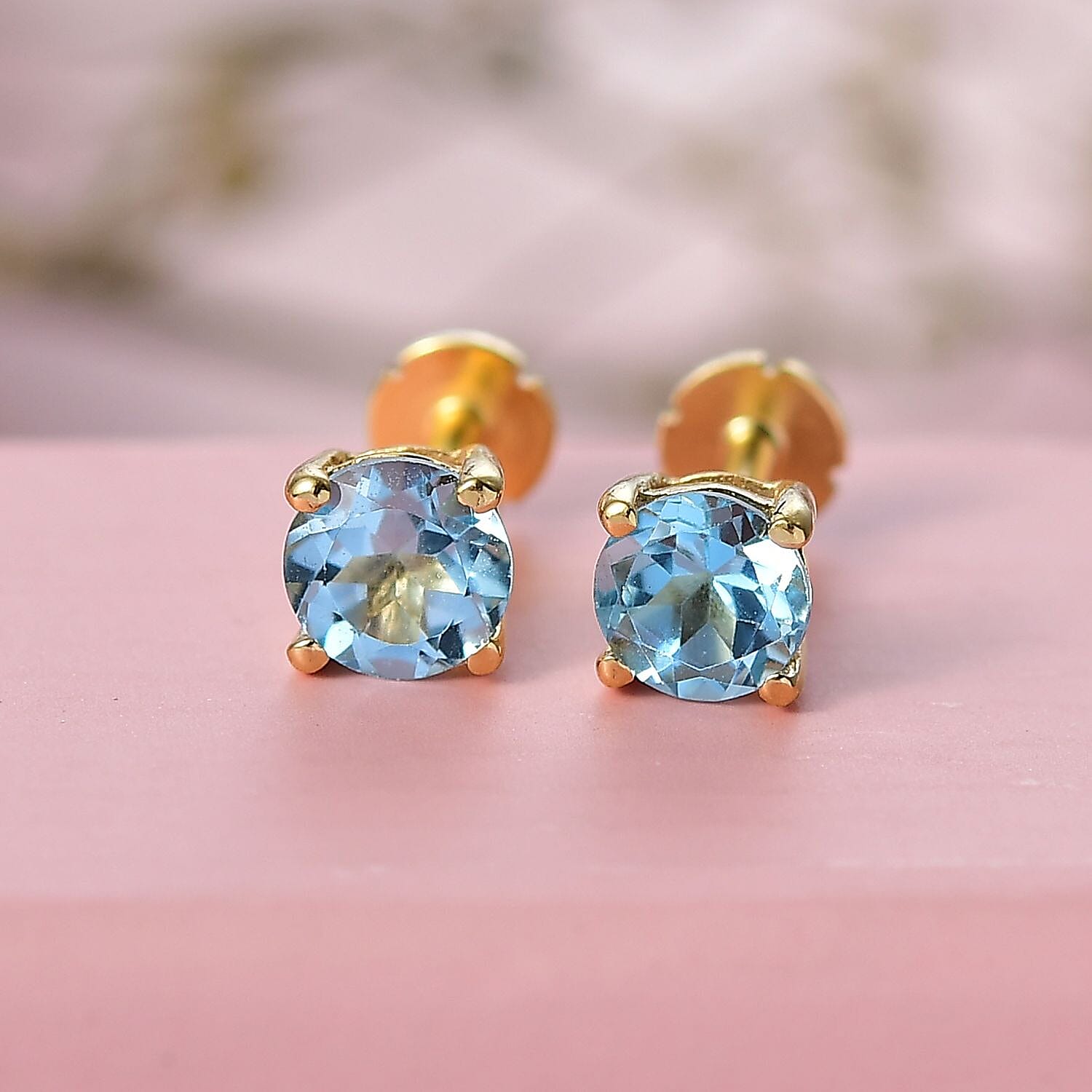 Blue Topaz Earring with Screw Back in 18K Vermeil Yellow Gold Plated Sterling Silver 1.16 Ct.